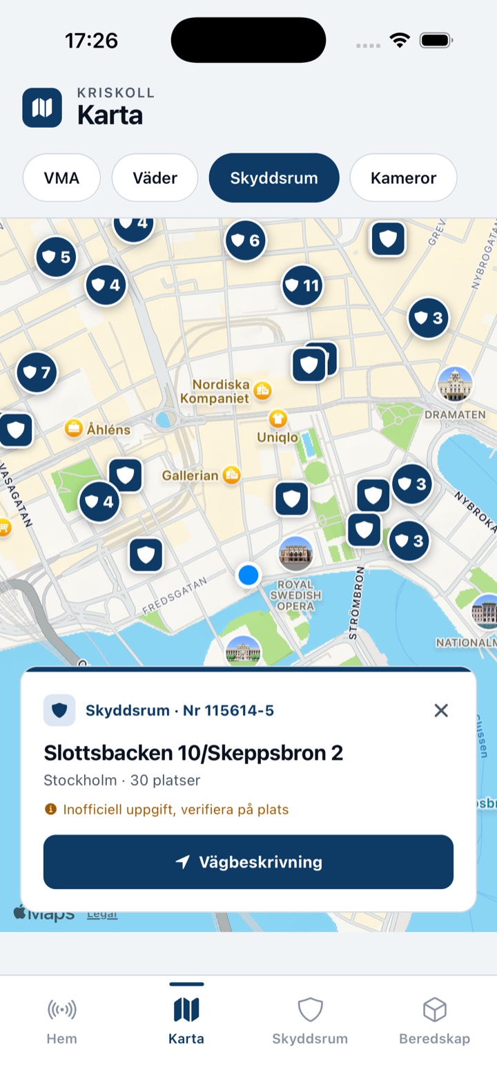 Karta över varningar och skyddsrum